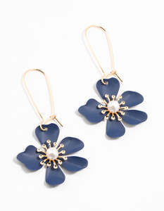 Gold Fishook Blue Pearl Flower Hoop Earrings