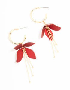 Pearl Earrings: Gold Red Pearlised Flower Drop Earrings