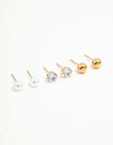 White: Waterproof Gold Plated Stainless Steel Mixed Stud Earrings 3-Pack