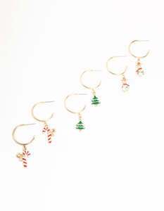 White: Gold Diamante Snow men & Candy Cane Hoop Charm Earrings 3-Pack