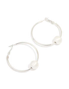 White: Silver Smooth Ball Centre Hoop Earrings