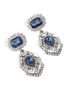 Silver: Silver Gunmetal Blue Diamante Pear Drop Earrings
