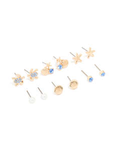 Blue: Kids Gold Blue Diamante Turtle & Starfish Stud Earrings 6-Pack
