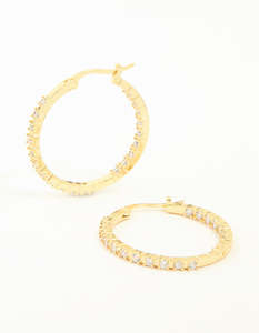 Cubic Zirconia Earrings: Gold Plated Cubic Zirconia Skinny Large Hoop Earrings