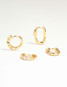 Gold Plated Brass Cubic Zirconia & Oval Huggie Earrings 2-Pack