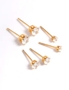 Waterproof Gold Plated Stainless Steel Cubic Zircconia Stud Earring Pack