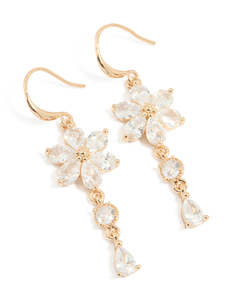 Cubic Zirconia Earrings: Gold Cubic Zirconia Flower Hook Drop Earrings