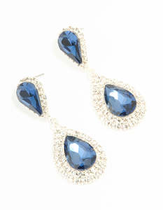 Statement Earrings: Silver Blue Diamante Double Pear Drop Earrings