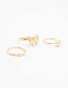 Cubic Zirconia: Gold Plated Bow Cubic Zirconia & Heart Rings 3-Pack