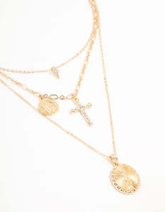 Gold Cross & Coin Layered Necklace