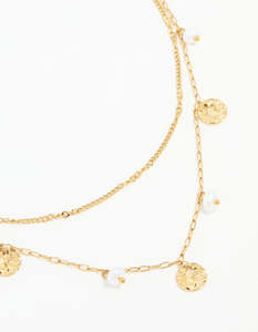 Waterproof Gold Plated Stainless Steel Pearl & Coin Layered Necklace
