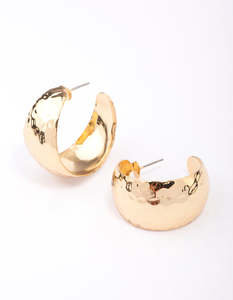 Red Earrings: Gold Plated Wide Hammered Hoop Earrings