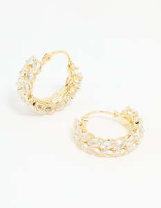 Gold Plated Diamante Marquise Herringbone Hoop Earrings