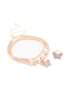 Kids: Kids Gold Pink & Blue Diamante Butterfly Necklace & Ring Set