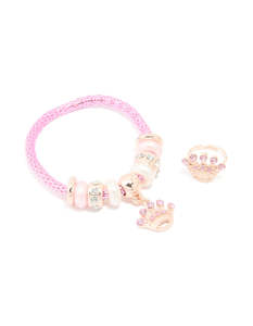 Kids: Kids Pink Diamante Crown Stretch Bracelet & Ring Set