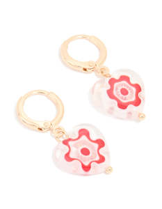 Pink: Gold Pink & White Painted Heart Huggie Earrings