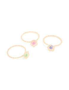 Pink: Gold 3D Pastel Flower Fine Rings 3-Pack