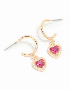 Pink: Gold Pink Cubic Zirconia Encased Heart Huggie Earrings