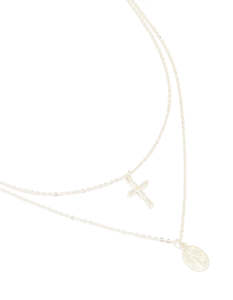 Silver Plated Cross & Mary Pendant Layered Necklace