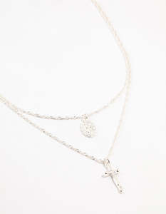 Silver Plated Mary Hammered Cross Necklaces 2-Pack