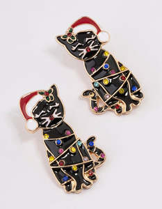 Gold Santa Hat Black Cat Earrings