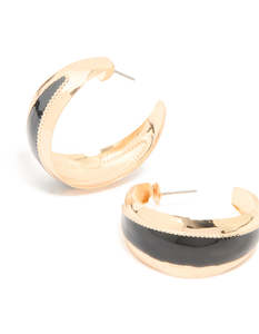 Red Earrings: Gold Textured Black Tapered Centre Hoop Earrings