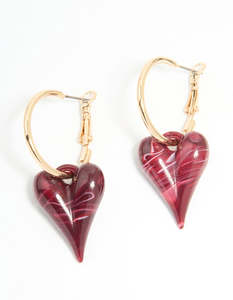 Heart Earrings: Gold Burgundy Bubble Heart Hoop Earrings