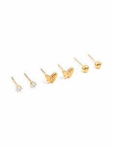 Waterproof Gold Plated Stainless Steel Butterfly & Classic Stud Earrings 3-Pack