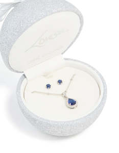 Jewelry Sets: Silver Sapphire Cubic Zirconia Teardrop Pendant Necklace & Earrings Set