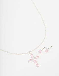 Jewelry Sets: Silver Plated Diamante Cross Necklace & Stud Earrings Set