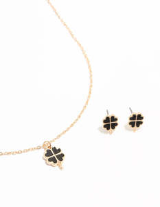 Jewelry Sets: Gold Mini Black Clover Necklace & Earrings Set