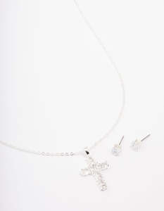 Silver Plated Cubic Zirconia Square Cross Pendant Necklace & Stud Earring Set