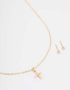 Jewelry Sets: Gold Cubic Zirconia Cross Necklace & Earrings Set