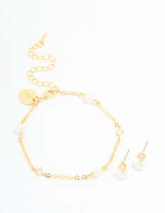 Gold Plated Cubic Zirconia Pearl Bracelet & Earrings Set