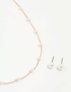 Gold Pearl Station Necklace & Earrings Set