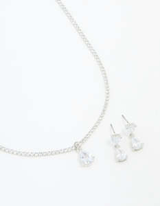 Silver Cubic Zirconia Drop Pear Necklace & Earrings Set