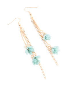 Gold Diamante Cup Chain Blue Mesh Flower Drop Earrings
