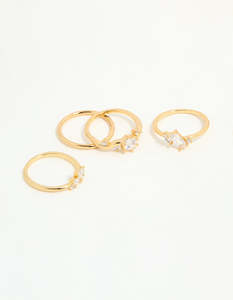 Stacking Rings: Gold Plated Cubic Zirconia Leaf Marquise Rings 4-Pack