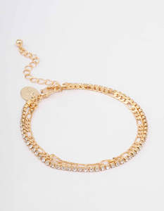 Wristwear: Gold Plated Brass Double Chain & Crystal Bracelet