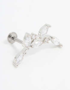 Stainless Steel Cubic Zirconia Curved Vine Single Flat Back Stud