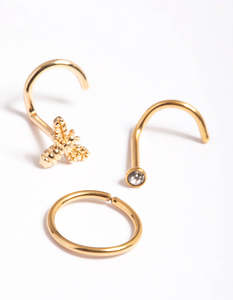 Body Jewelry: Gold Plated Surgical Steel Bee Nose Stud Pack