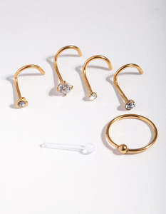 Body Jewelry: Gold Surgical Steel Diamante Nose 6-Pack