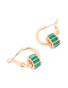 Green: Gold & Green Baguette Rondell Huggie Earrings