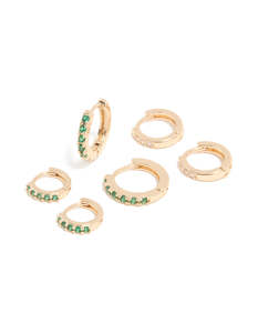 Green: Gold Emerald & Clear Cubic Zirconia Huggie Earrings 3-Pack