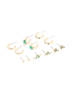 Gold Green Diamante Cross & Snake Earrings 6-Pack