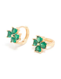 Gold Emerald Cubic Zirconia Clover Huggie Earrings