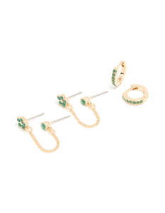 Gold Green Cubic Zirconia Floral Chain & Huggie Earrings 2-Pack