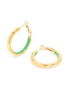 Waterproof Gold Plated Stainless Steel Half Green Enamel Hoop Earrings