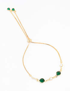 Green: Gold Plated Cubic Zirconia Round Emerald & Pearl Toggle Bracelet