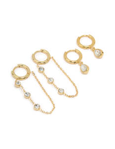 Ear Stacks: Waterproof Gold Plated Stainless Steel Cubic Zirconia Chain Droplet Earrings 2-Pack